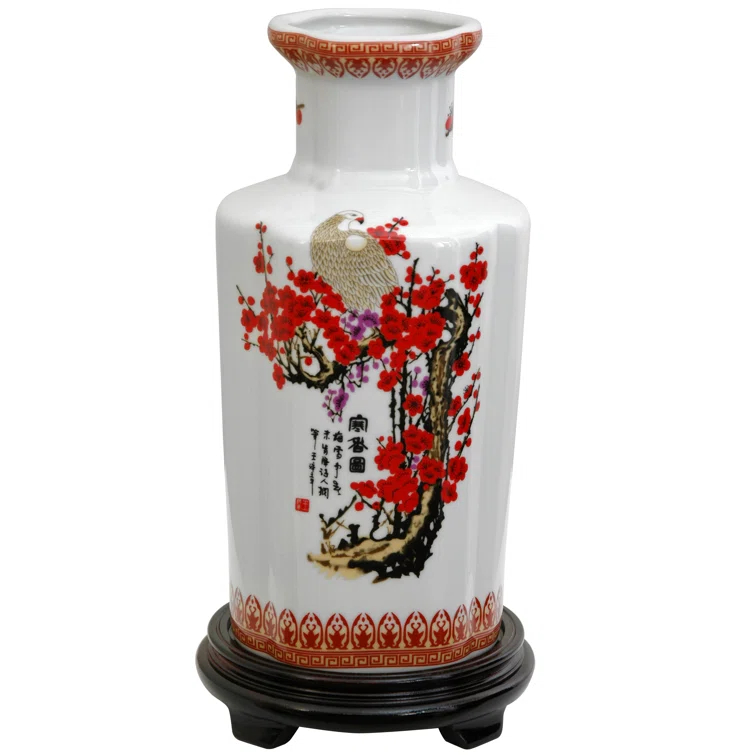 Oriental Furniture 12" Floral Blue & White Porcelain Vase, living room