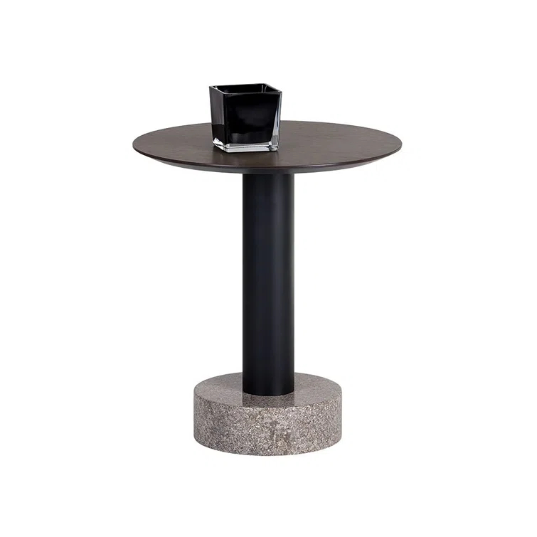 Round Black Oak and Marble End Table