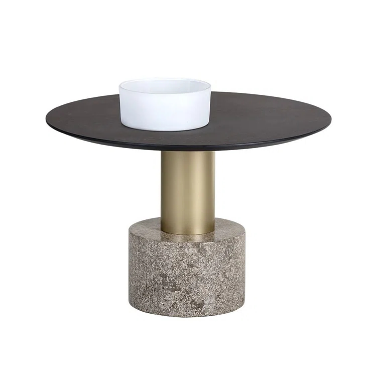 Transitional Round Gray Marble & Charcoal Wood Outdoor Coffee Table