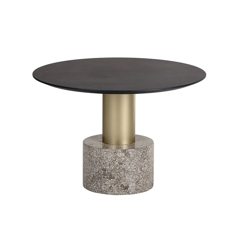 Transitional Round Gray Marble & Charcoal Wood Outdoor Coffee Table