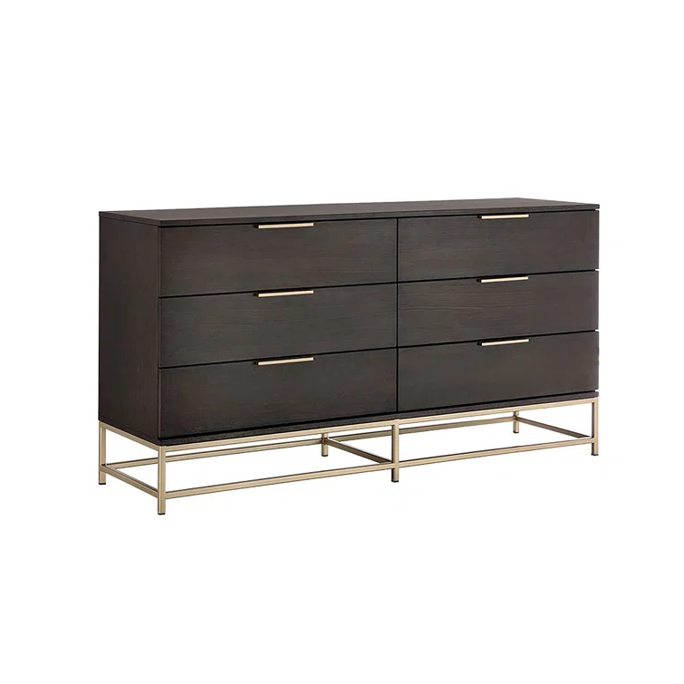 Transitional Charcoal Gray and Gold Dresser with 6 Soft Close Drawers