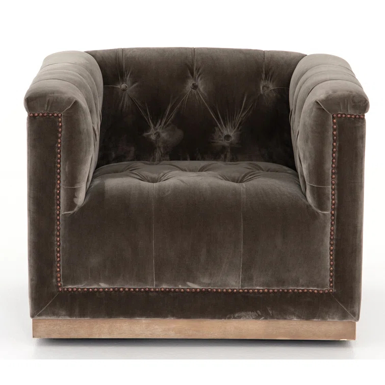 Handcrafted Gray Velvet Swivel Armchair with Bronze Nailheads