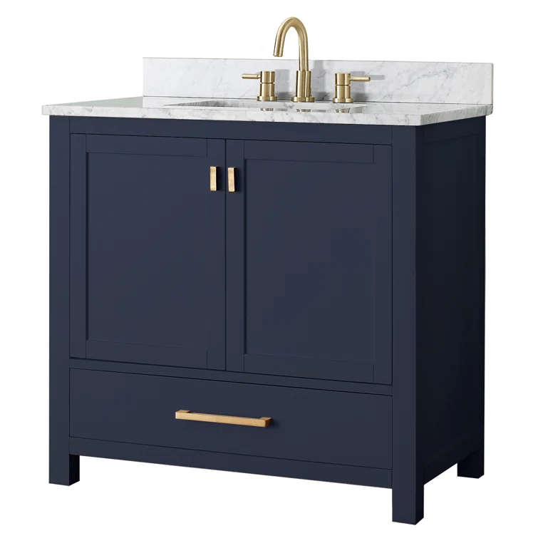 Navy Blue Solid Wood Single Sink Vanity with Stone Top