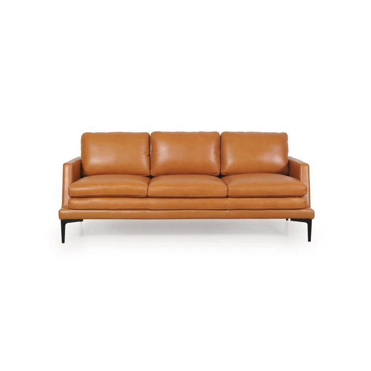 Rica Tan and Black Mid-Century Leather Sofa with Metal Legs