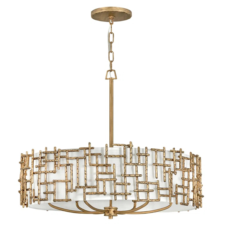 Farrah 6-Light White Linen Drum Chandelier w/ Hammered Crosshatch Bars