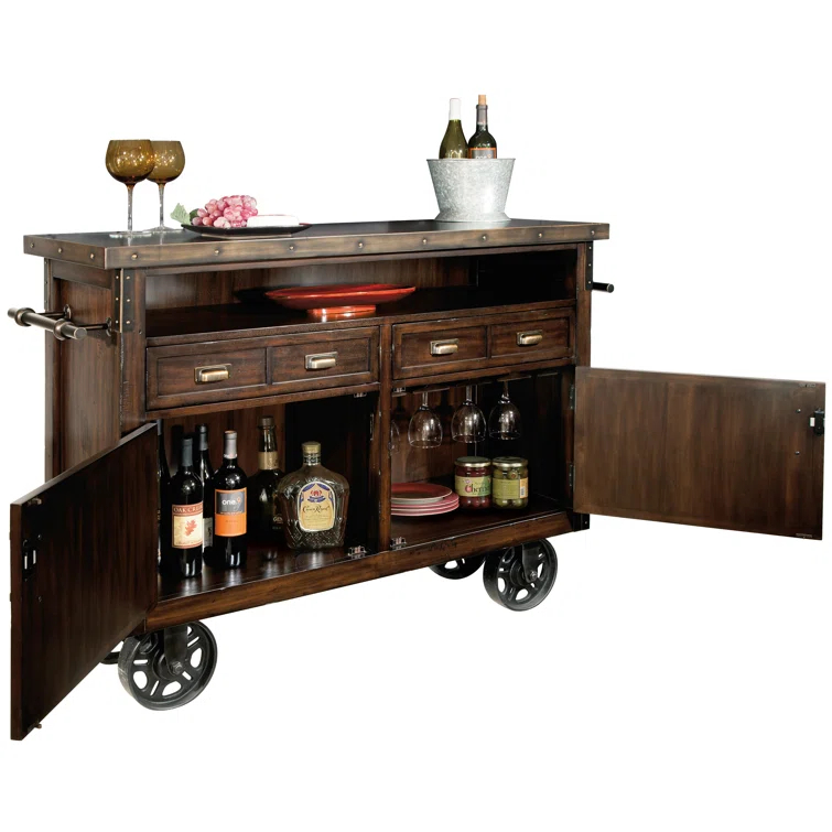 Rustic Hardwood & Antique Bronze 56" Wine Bar Console with Locking Door