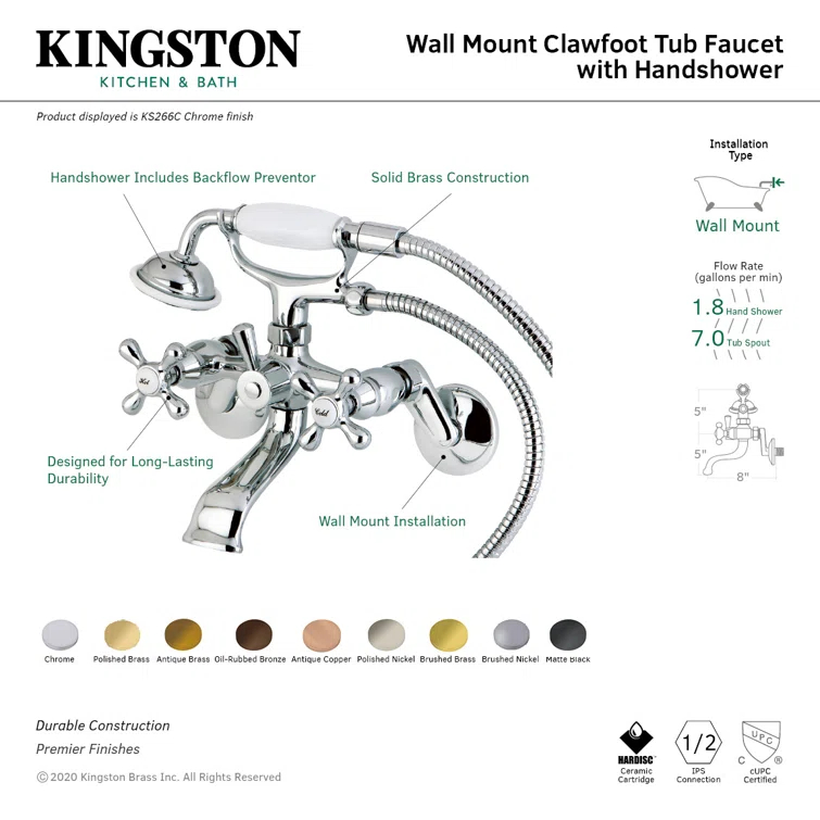 Kingston Brass Kingston Two-Handle 2-Hole Wall Mount Clawfoot Tub Faucet with Hand Shower