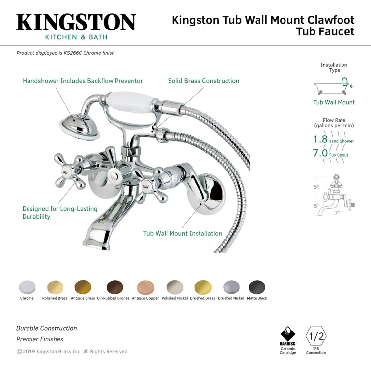 Kingston Brass Kingston Two-Handle 2-Hole Wall Mount Clawfoot Tub Faucet with Hand Shower