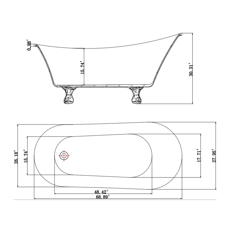 Luxurious Spa Acrylic 69" x 30" Clawfoot Soaking Bathtub