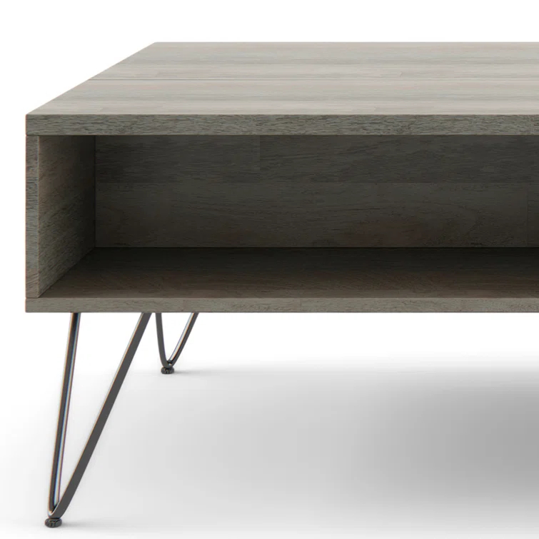 Hunter 48"W Solid Wood Industrial Lift Top Coffee Table with Hidden Storage and Metal Hairpin Legs