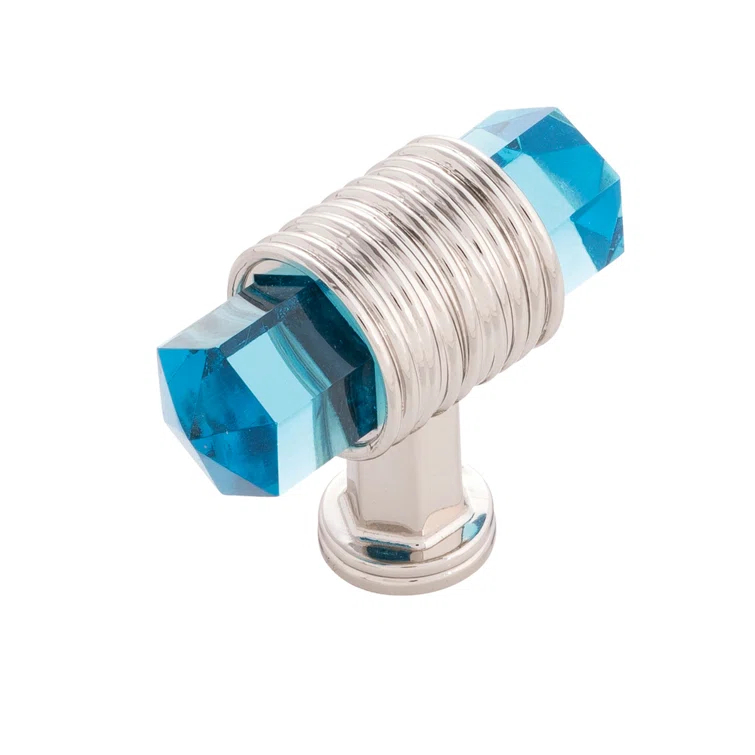 Polished Nickel and Blue Glass T-Handle Knob with Mounting Hardware