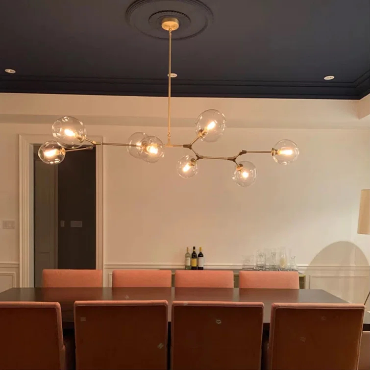 Modern Linear Brass Sputnik Chandelier with Hand Blown Glass Shades