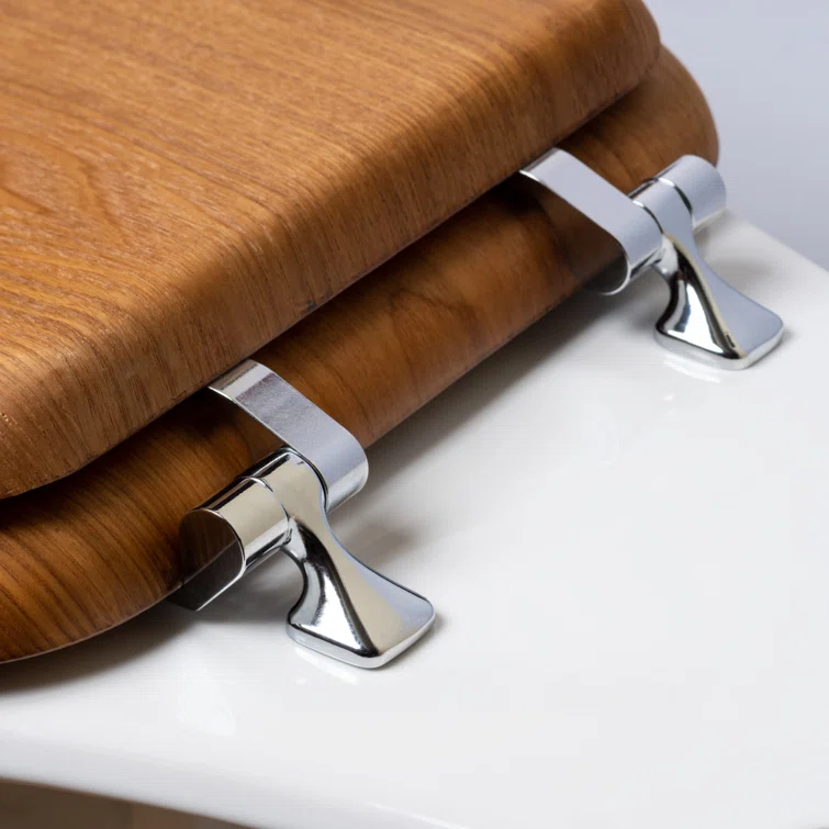 Mayfair Natural Reflections Elongated Wood Veneer Natural Oak Chrome Hinge Toilet Seat