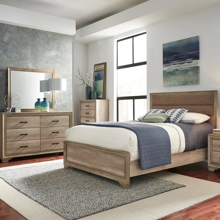 Eleora Upholstered Bed, Dresser & Mirror, Night Stand