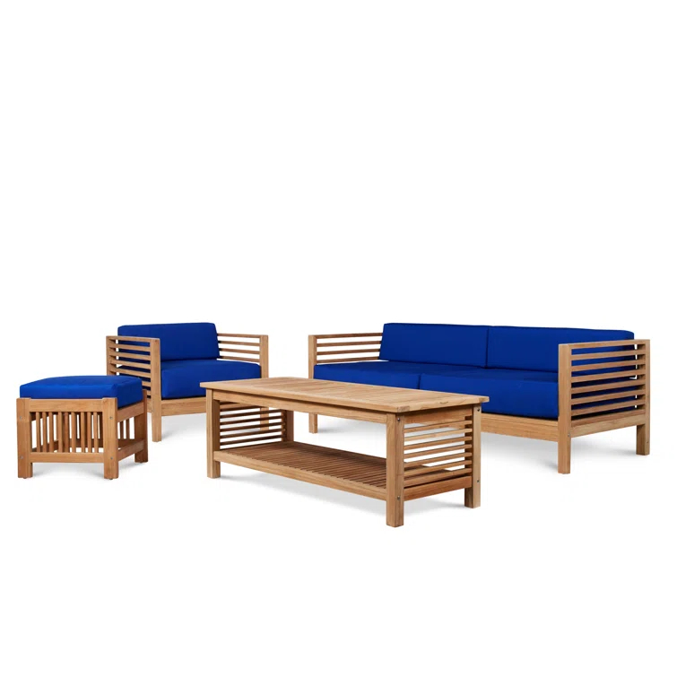 Summer 5-Piece Teak Outdoor Conversation Set with Blue Cushions