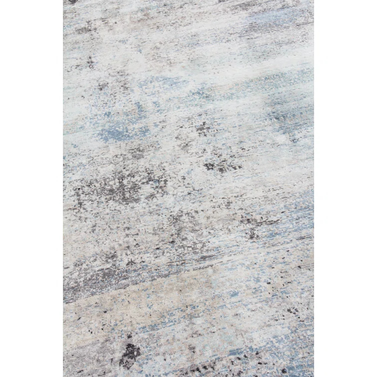 Hand-Knotted Ivory and Dark Gray Silk Abstract Rug