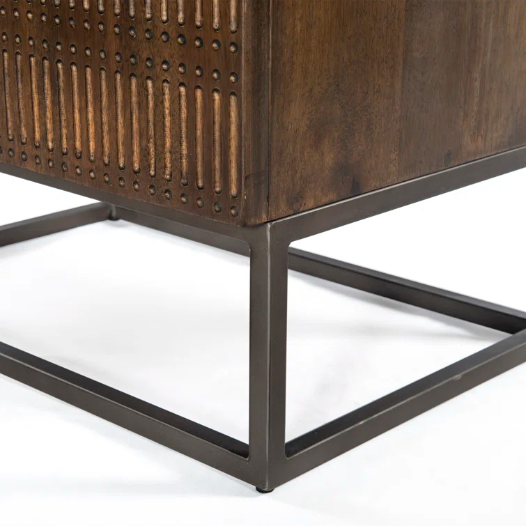 Carved Vintage Brown Mango Wood Nightstand with Slim Iron Base