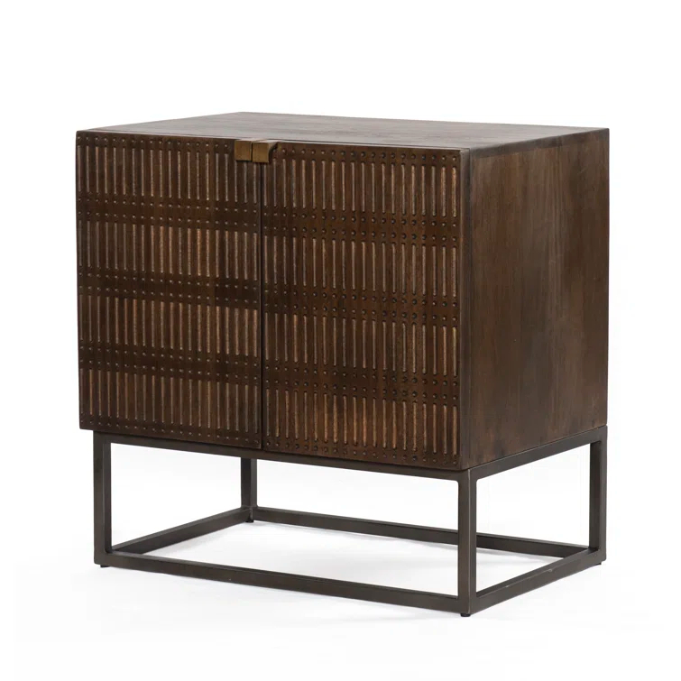 Carved Vintage Brown Mango Wood Nightstand with Slim Iron Base