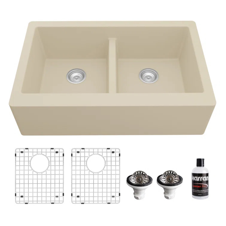 Karran Quartz 34'' X 21-1/4'' 50/50 Double Bowl Farmhouse/Apron Front Kitchen Sink Kit