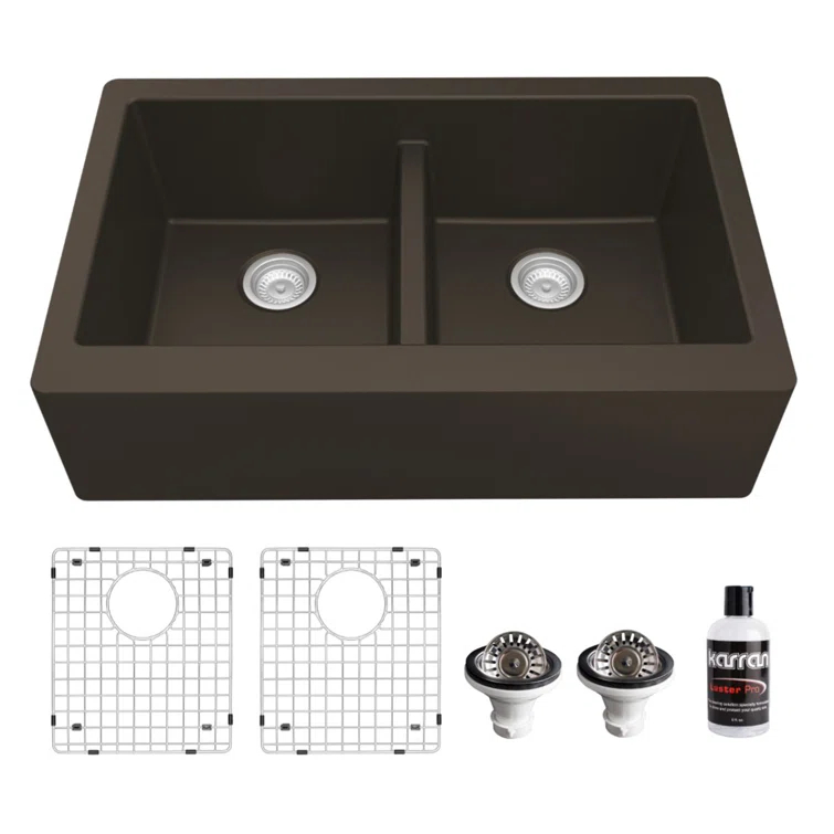 Karran Karran Quartz 34'' X 21-1/4'' 50/50 Double Bowl Farmhouse/Apron Front Kitchen Sink Kit QA-750-BR-PK1