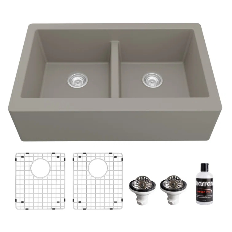 Karran Quartz 34'' X 21-1/4'' 50/50 Double Bowl Farmhouse/Apron Front Kitchen Sink Kit