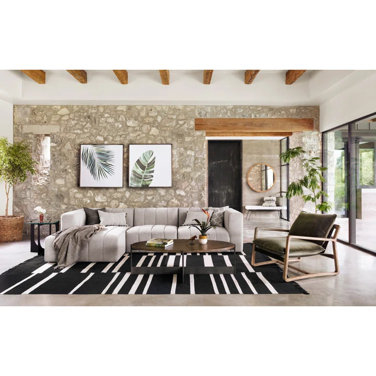 Langham 123'' Cream Herringbone Fabric 3-Piece Sectional with Ottoman