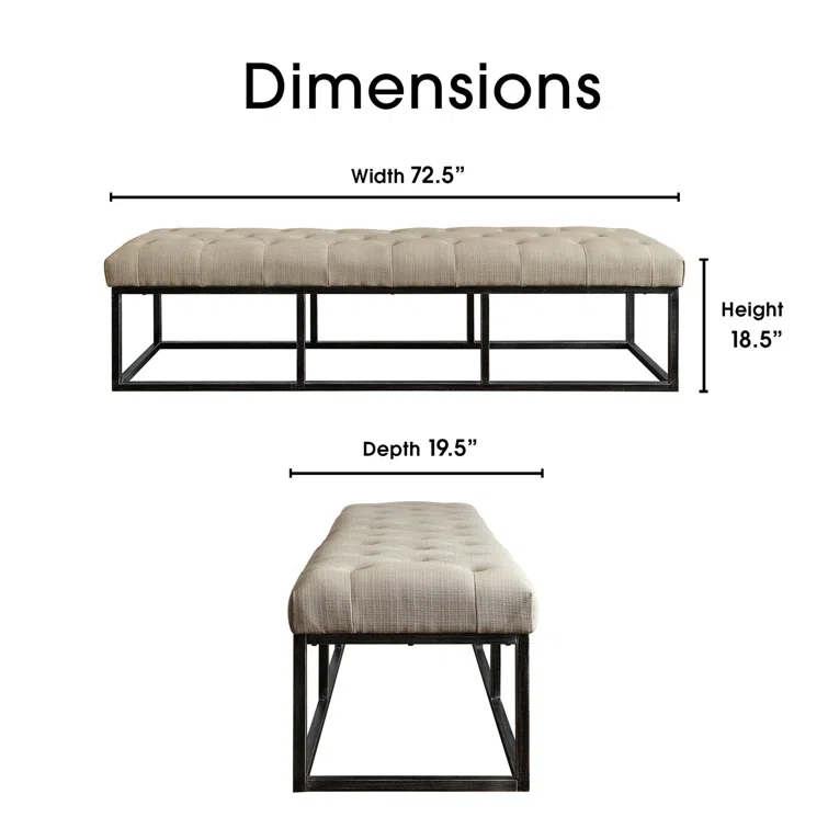 Danes Claire Tufted Bench with Iron Legs, Modern 72.5" Bench for Bedroom or Living Room