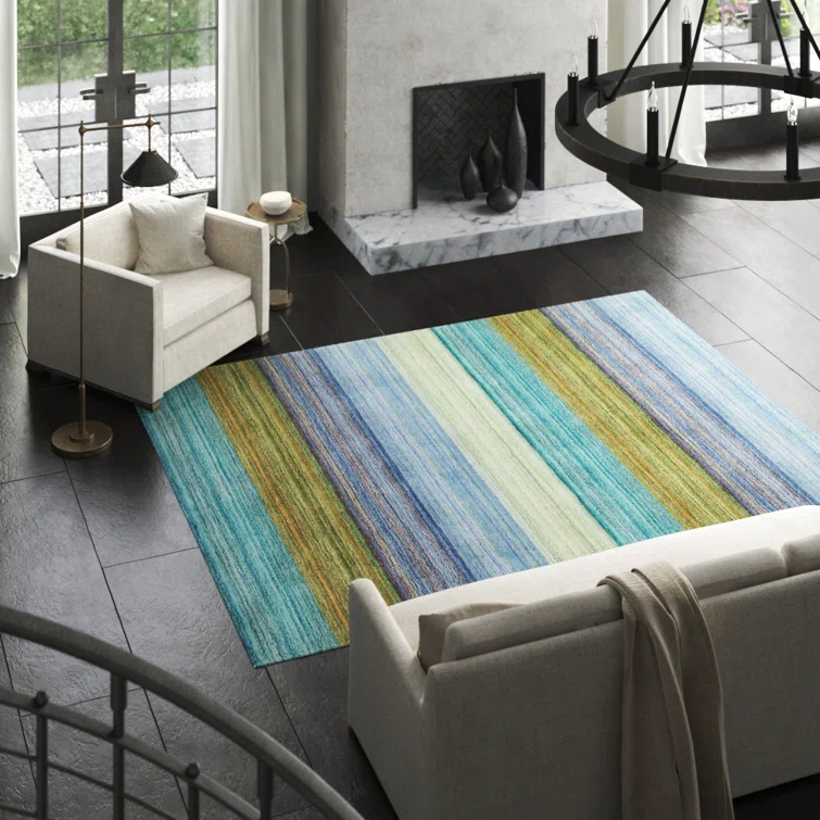 Brushstroke Striped Handmade Tufted Wool Dark Blue/Yellow Area Rug