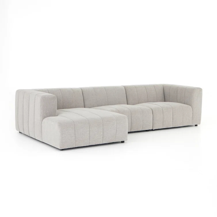 Langham 123'' Cream Herringbone Fabric 3-Piece Sectional with Ottoman