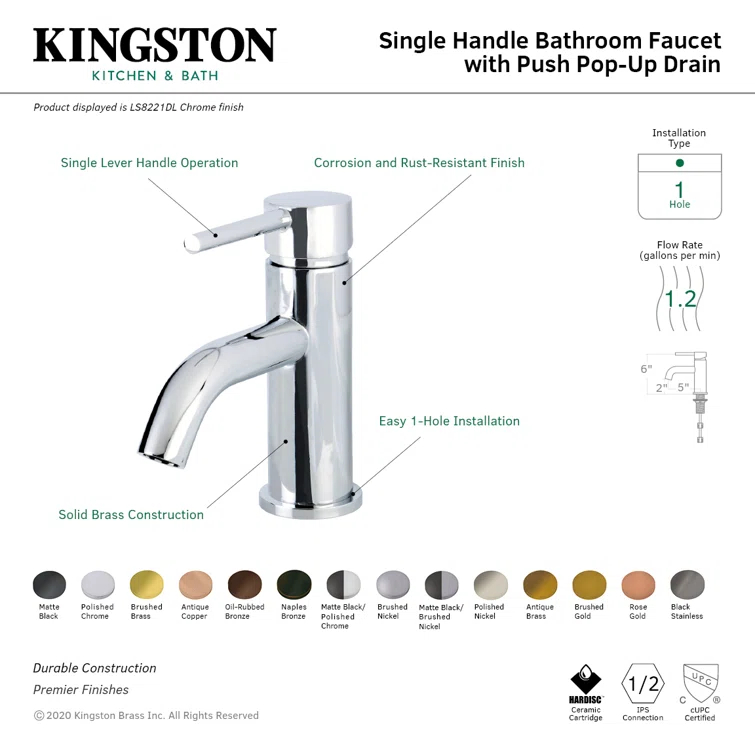 Kingston Brass Concord Single-Handle 1-Hole Deck Mount Bathroom Faucet with Push Pop-Up