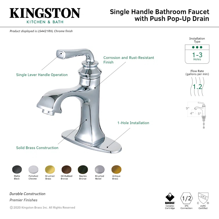 Kingston Brass Restoration Single-Handle 1-Hole Deck Mount Bathroom Faucet with Push Pop-Up