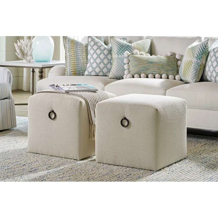 White Polyester Coastal Ottoman with Mahogany Frame