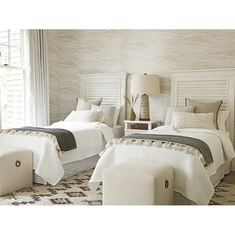White Polyester Coastal Ottoman with Mahogany Frame