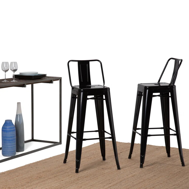 Simpli Home Rayne Metal Industrial Stool with Curved Back, Cross-Brace, and Footrest