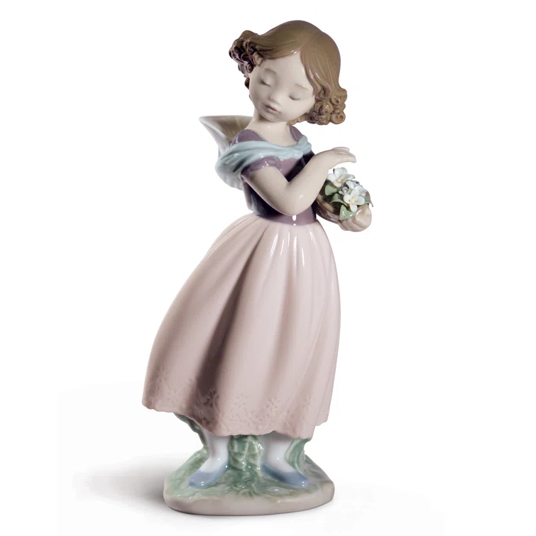 Adorable Innocence Porcelain Girl Figurine with Basket of Flowers