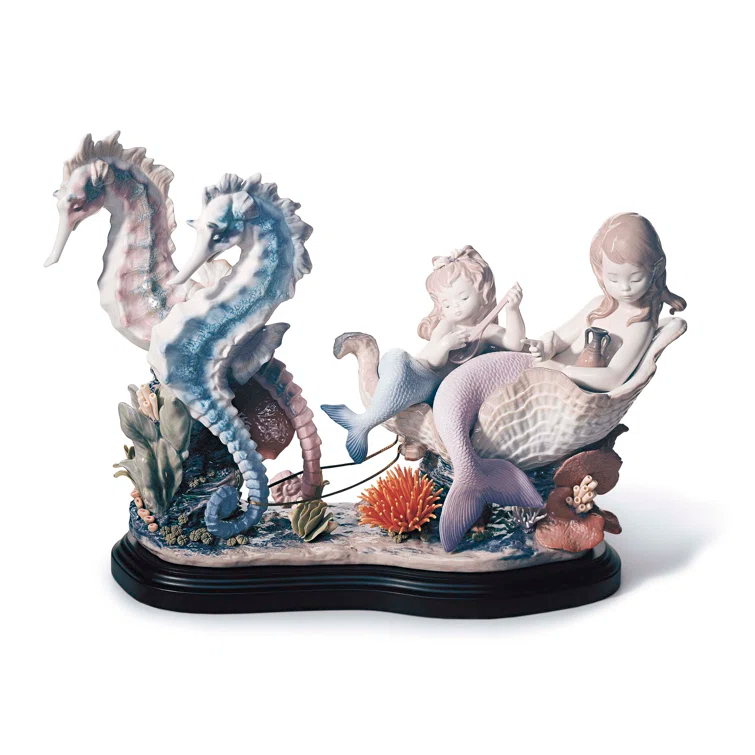 Handcrafted Porcelain Mermaid Figurine with Seahorses