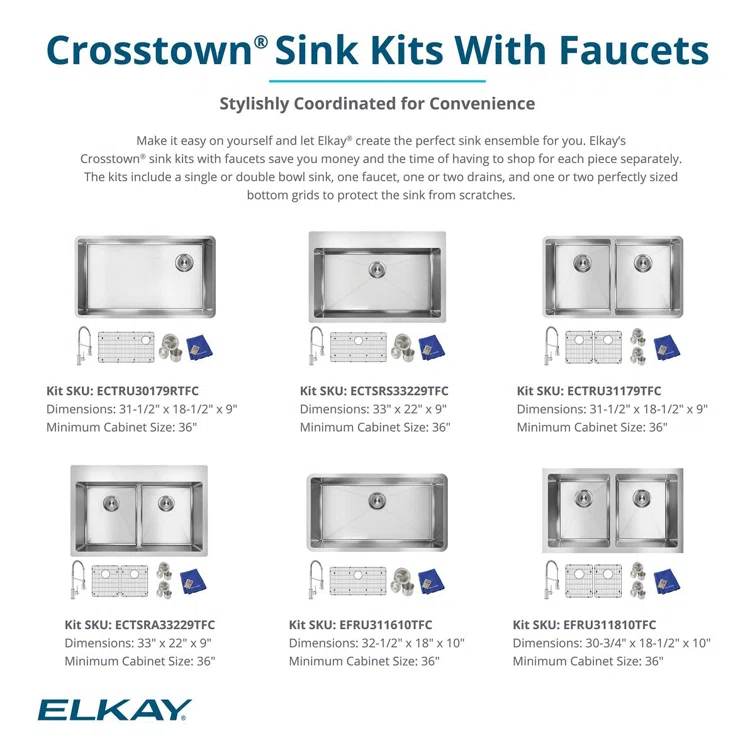 Elkay EFRU311610TFC Crosstown Stainless Steel 33" L x 18" W Undermount Kitchen Sink with Faucet