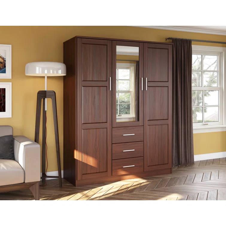 Wade Logan® Aveah 100% Solid Wood 3-door Wardrobe Armoire with Mirrored Door