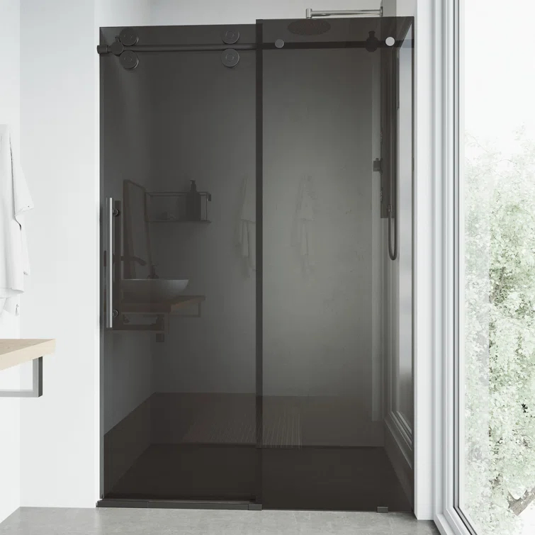 VIGO Elan 56-60" W x 74" H Sliding Frameless Shower Door with 3/8" Tinted Glass VG6041MBBLK6074