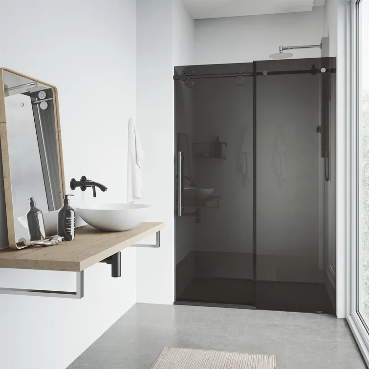 VIGO Elan 56-60" W x 74" H Sliding Frameless Shower Door with 3/8" Tinted Glass VG6041MBBLK6074