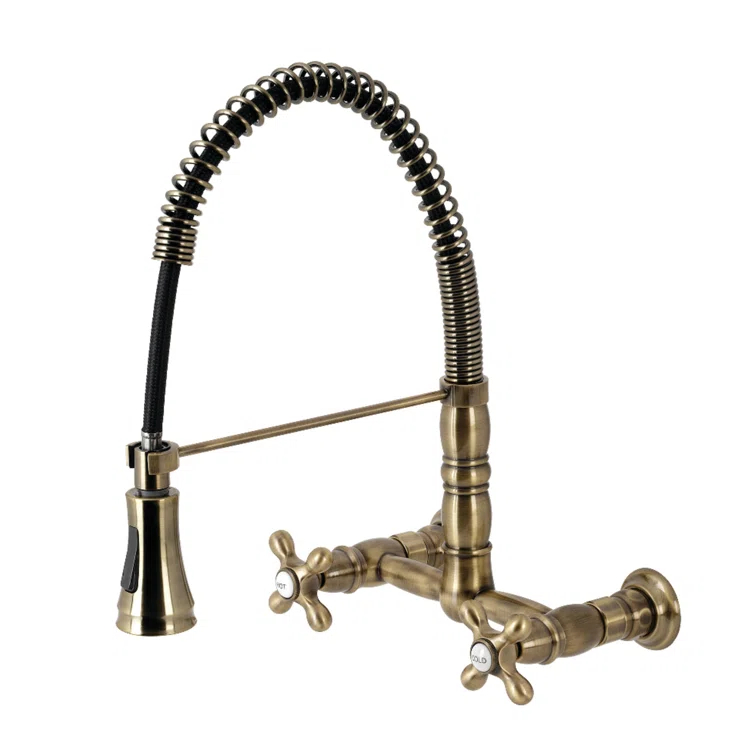 Kingston Brass Heritage Double-Handle 2-Hole Wall-Mount Pre-Rinse Bridge Kitchen Faucet