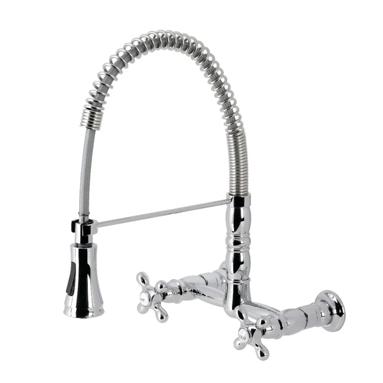 Kingston Brass Heritage Double-Handle 2-Hole Wall-Mount Pre-Rinse Bridge Kitchen Faucet