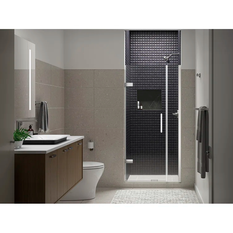 Composed 33-5/8-In34-3/8-In W X 71-1/2-In H Frameless Pivot Shower Door With 3/8-In Crystal Clear Glass And Back-To-Back Vertical Door Pulls