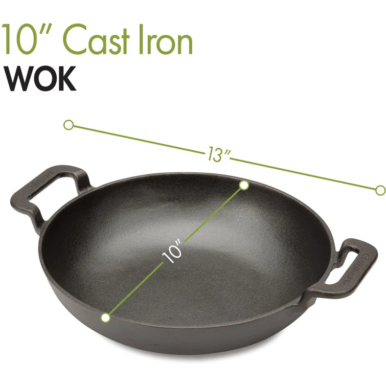 10" Black Non-Stick Cast Iron Wok with Handles