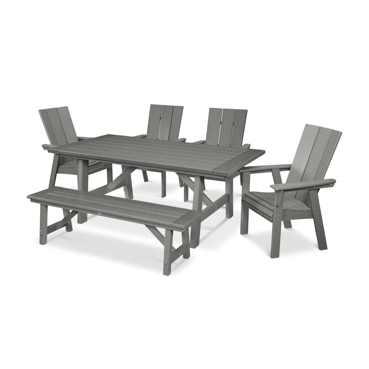 Modern Curveback Adirondack 6-Piece Rustic Farmhouse Dining Set with Bench