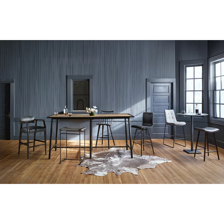 Black Leather and Wood Contemporary Bar Stool