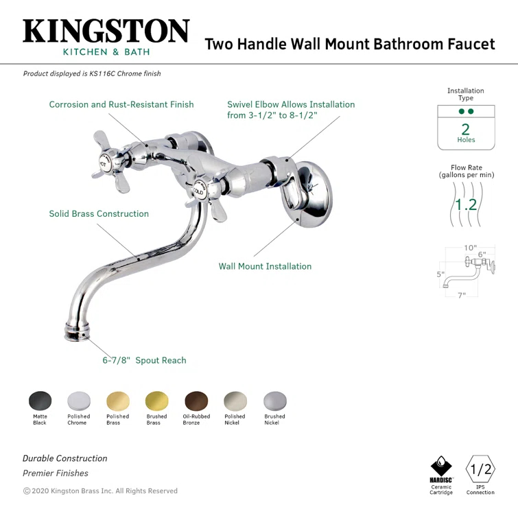 Kingston Brass KS116PN Kingston Brass Essex Two-Handle 2-Hole Wall Mount Bathroom Faucet