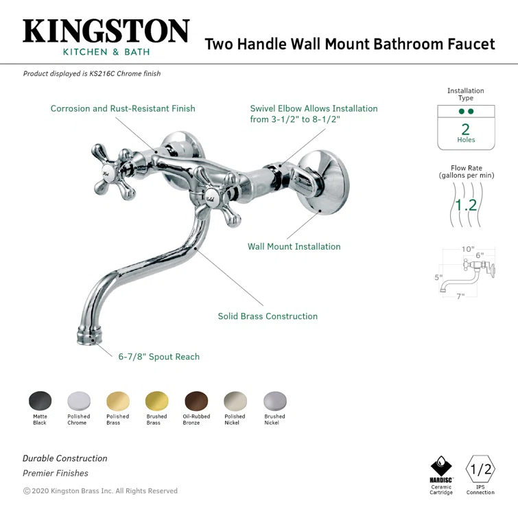 Kingston Brass KS216C Kingston Brass Kingston Two-Handle 2-Hole Wall Mount Bathroom Faucet