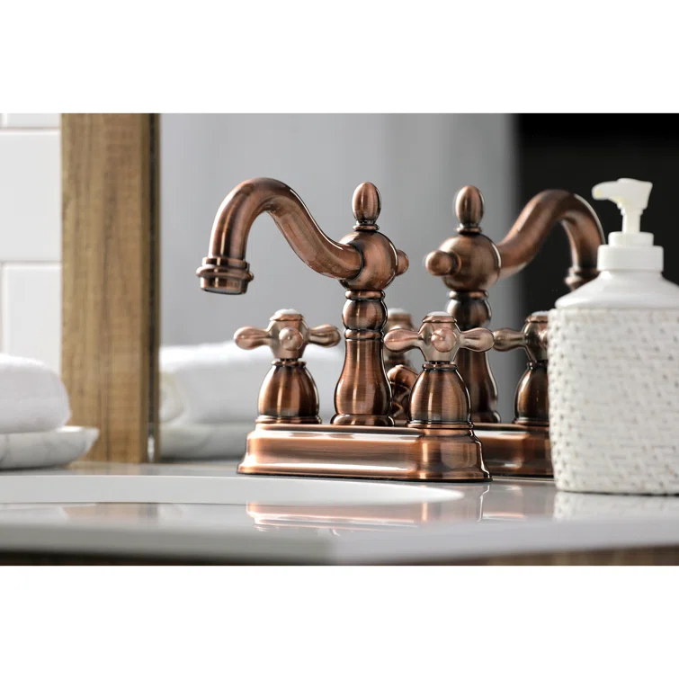 Kingston Brass Heritage Two-Handle 3-Hole Deck Mount 4" Centerset Bathroom Faucet with Plastic Pop-Up