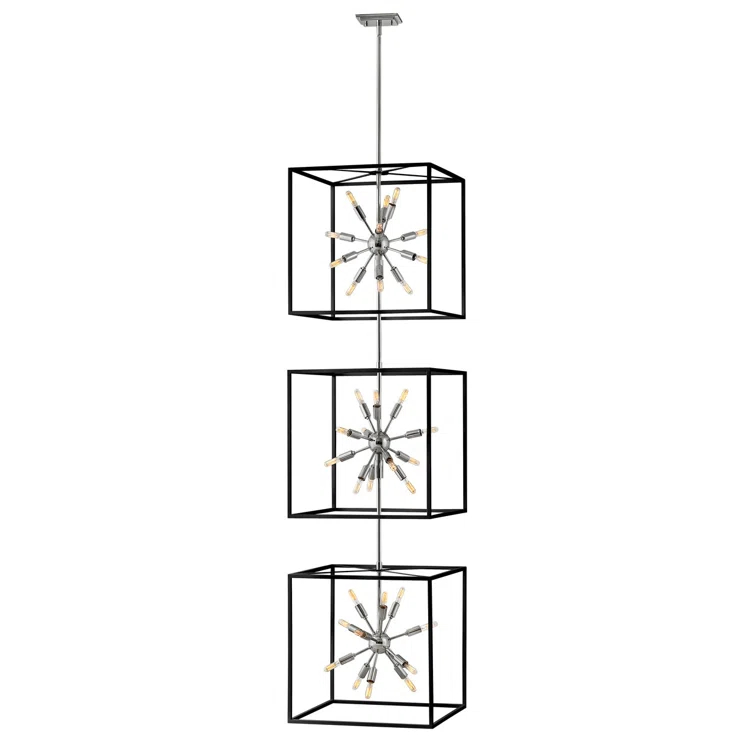 Aros 36-Light 3-Cube Open Frame Pendant, Black & Polished Nickel